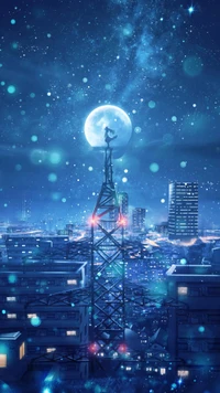 Paysage urbain céleste : nuit d'anime avec des gratte-ciel et un immeuble de logements