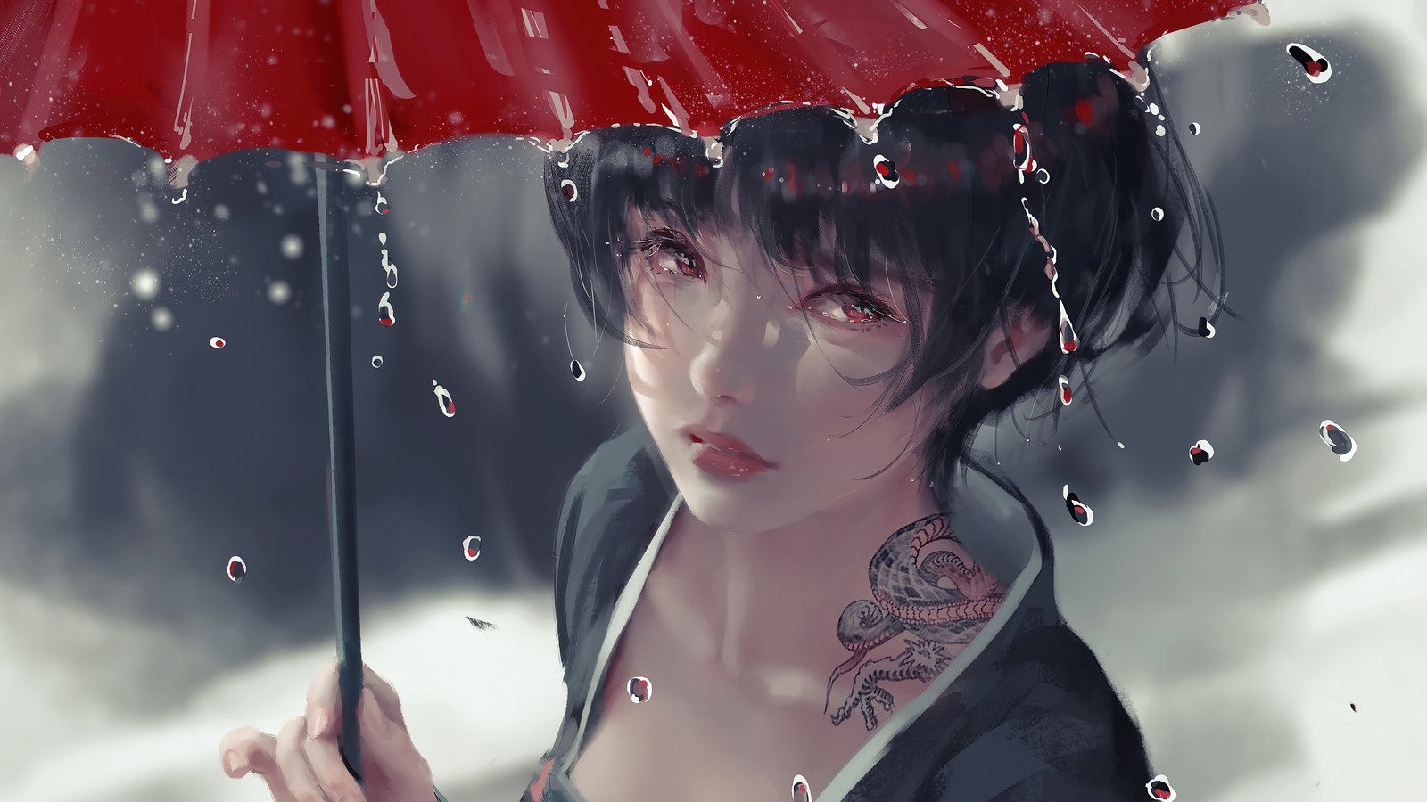 Chica de anime con un paraguas rojo bajo la lluvia (tatuaje, chicas, lloviendo, paraguas, fantasía)