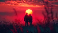 couple, sunset, scenery