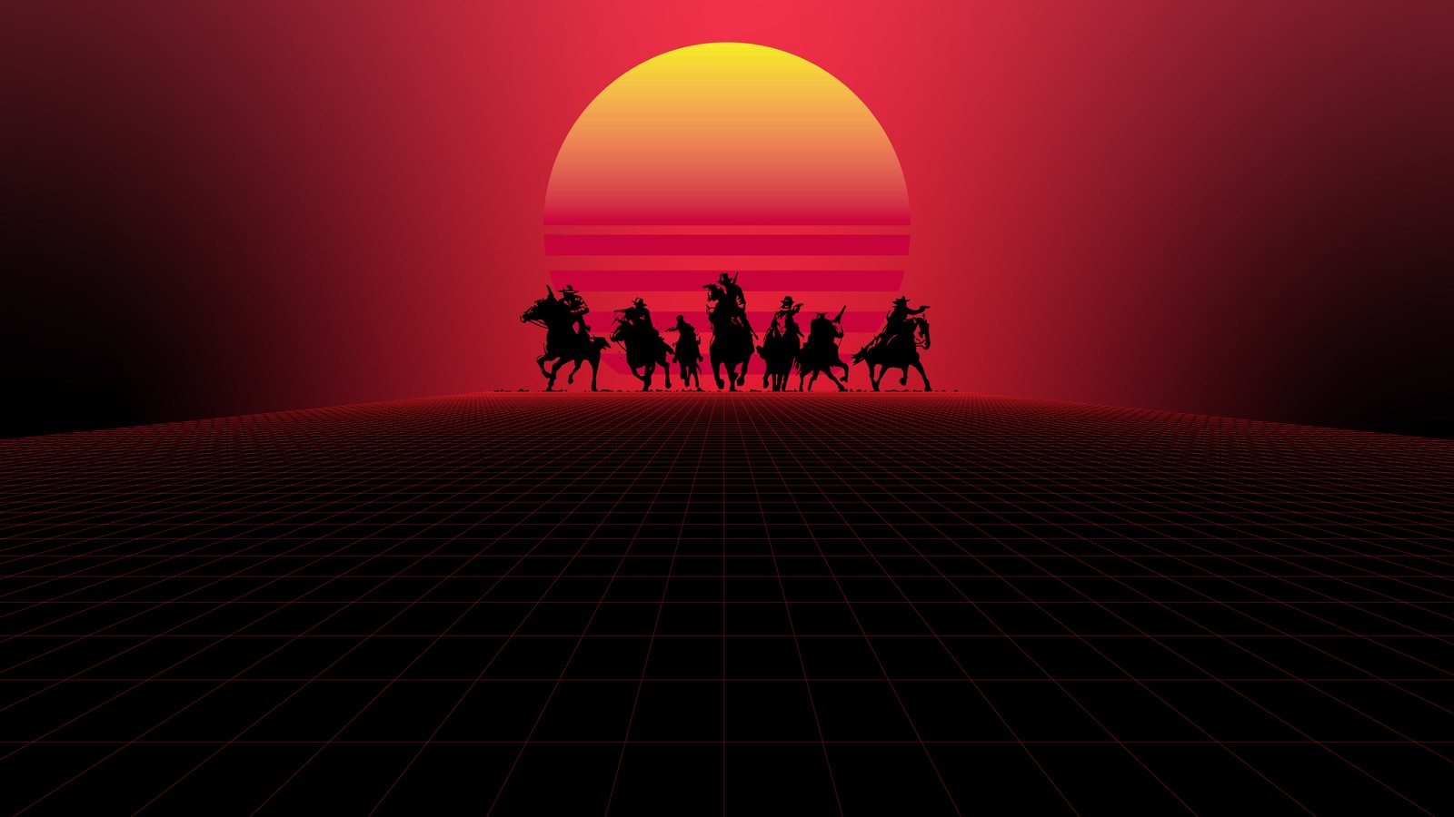 Un groupe de personnes à cheval devant un coucher de soleil (red dead redemption 2, minimaliste, playstation 4, xbox one, jeux pc)