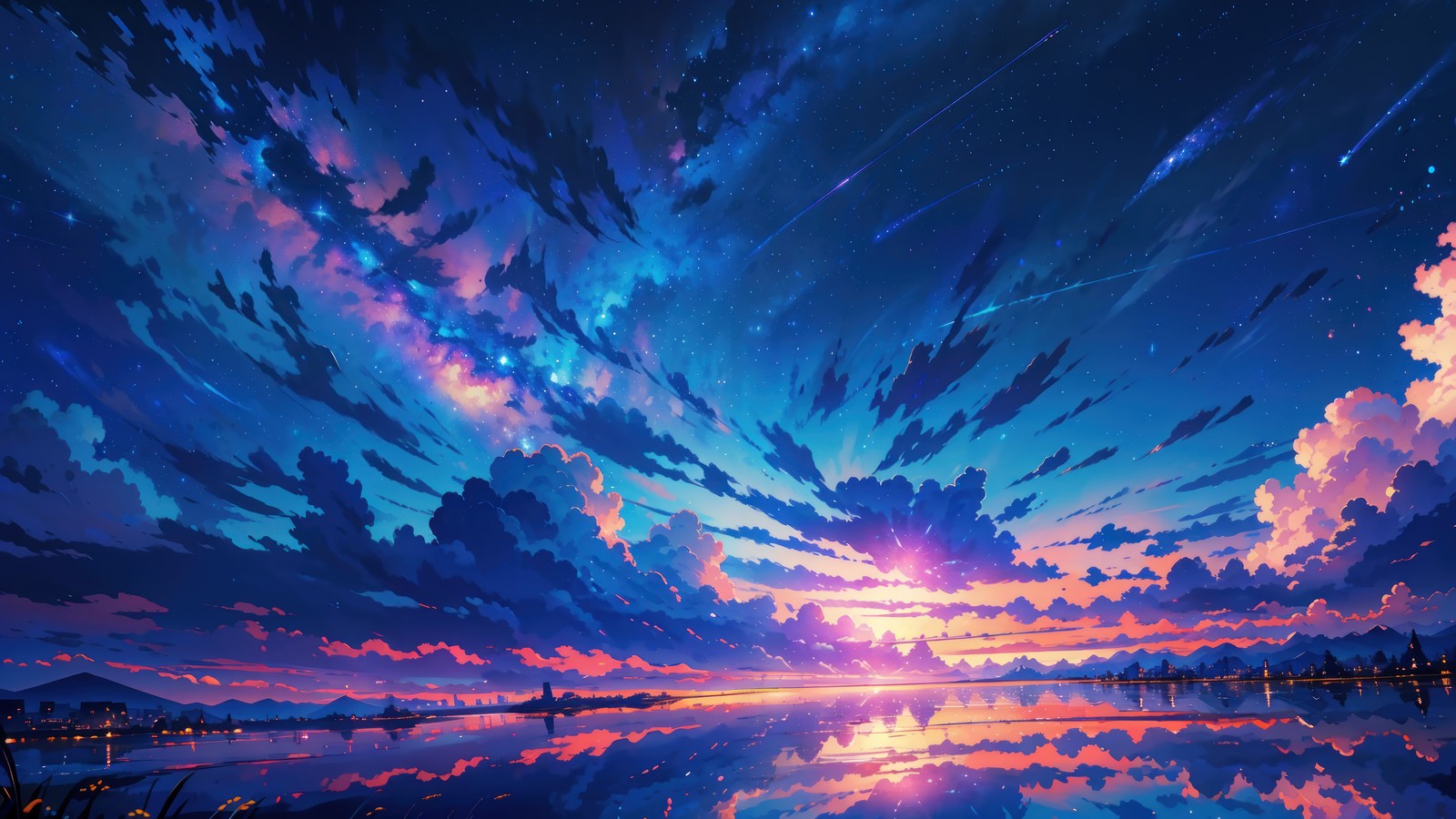 A painting of a sunset with clouds and stars in the sky (sunset, art, clouds, sky, scenery)