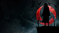 Itachi Uchiha silhouetted against a red crescent moon, surrounded by crows and dark trees, embodying the essence of mystery and power in the Naruto anime universe.