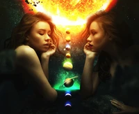 Surreal Reflection: Girls Embracing the Cosmos