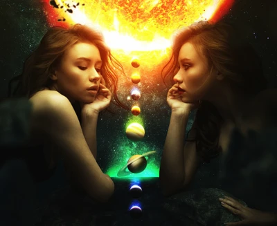 Reflexión surrealista: Chicas abrazando el cosmos