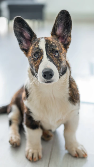 Ein gestromter Cardigan Welsh Corgi mit auffälligen Ohren und einem neugierigen Ausdruck sitzt auf einem hellen Boden und zeigt sein freundliches Wesen.