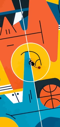 Dynamic Basketball Court Illustration with Bold Colors and Geometric Shapes