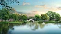 Tranquil Landscape with a Reflective Pond and Lush Trees