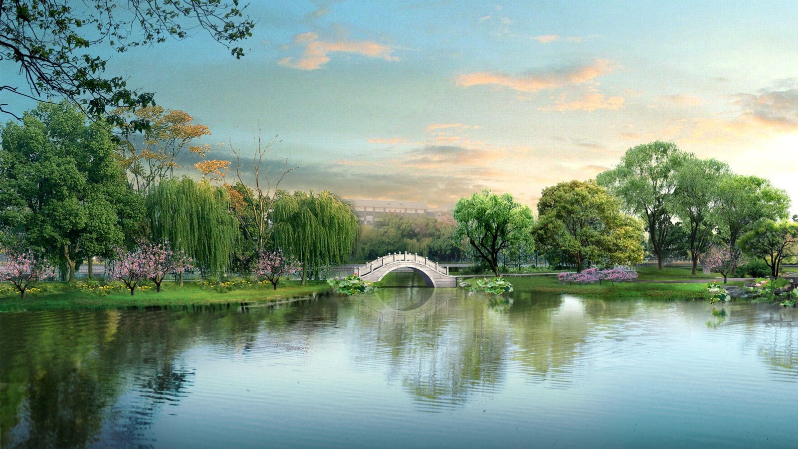 Un pont loué sur un étang avec un pont au milieu (paysage, nature, réflexion, plan deau, eau)