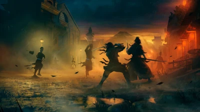 Epic Showdown in a Shadowy Samurai Landscape