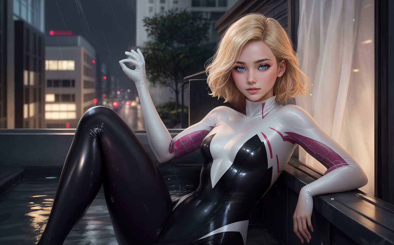 Арабская женщина в черно-белом костюме сидит на уступе (гвен паук, spider gwen, искусство ии, ai art, супергерои marvel)