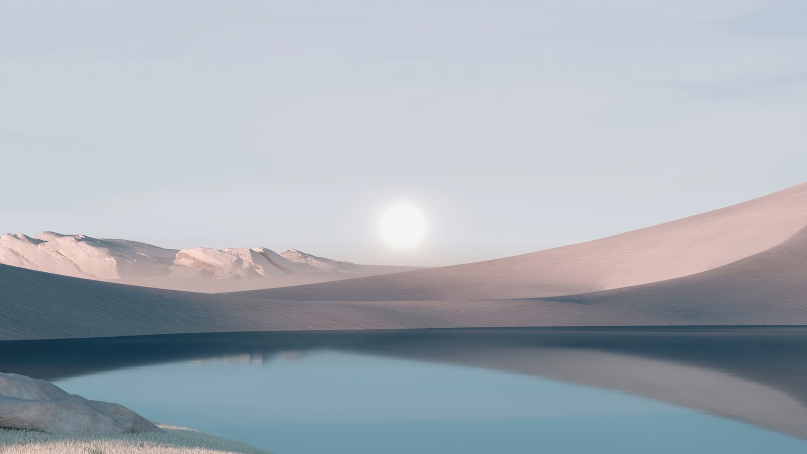 Vista de um lago no meio de um deserto com uma montanha ao fundo (microsoft, windows 11, fundo, cenário, os)