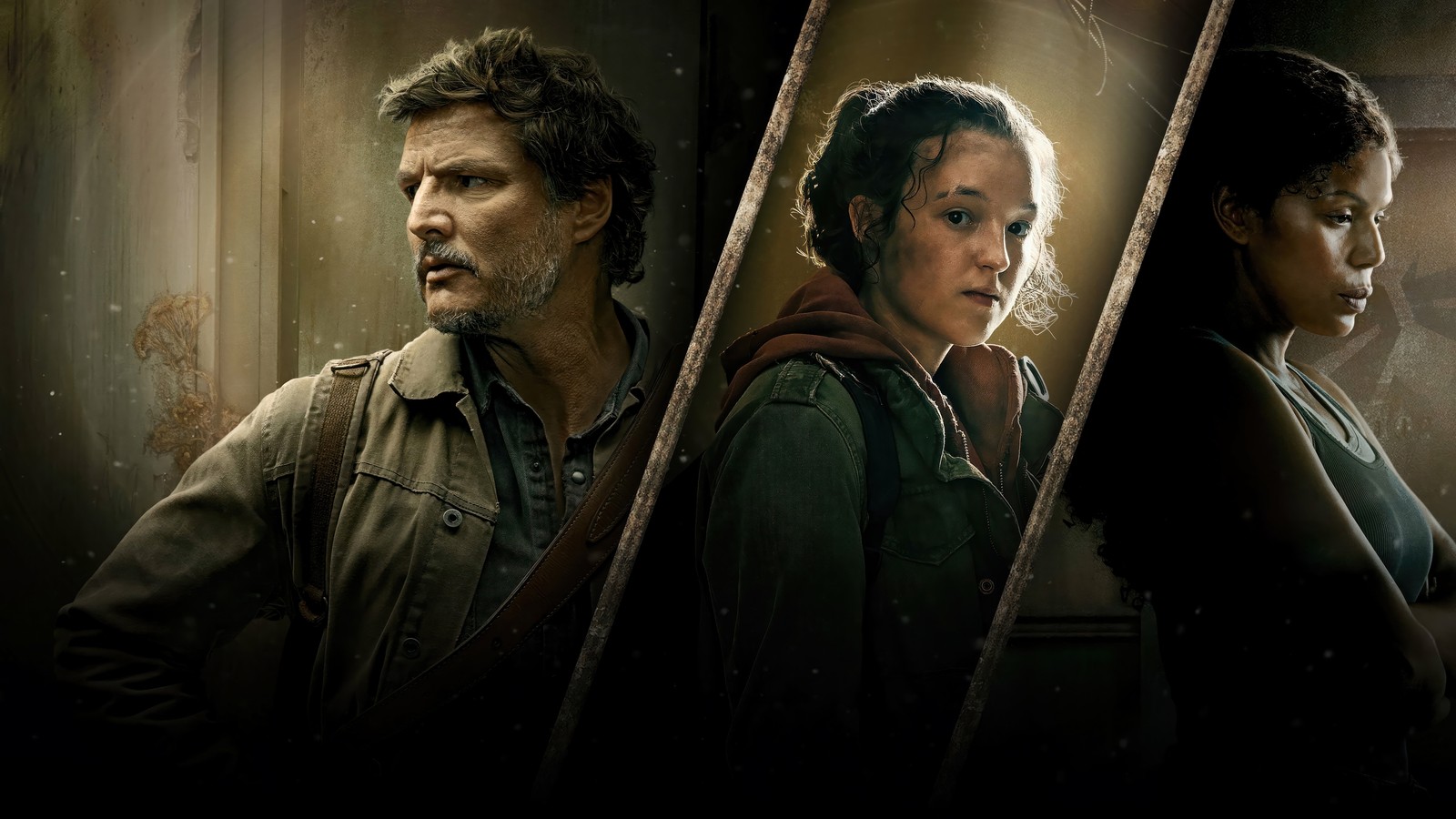 A group of people standing in a room with a window (the last of us, 2023 series, pedro pascal as joel, bella ramsey as ellie, ellie williams)