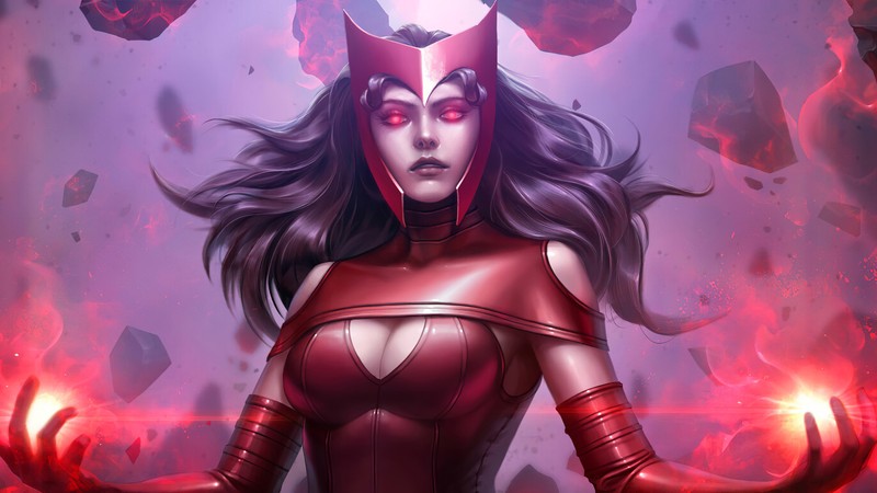 Женщина в красном наряде с рогами и красным плащом (алая ведьма, scarlet witch, комиксы, marvel comics)