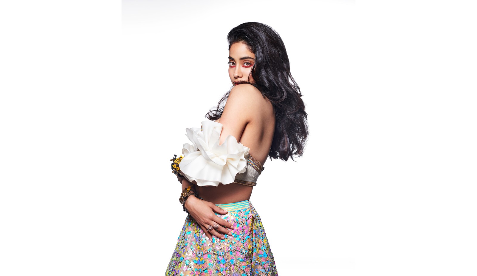 Araffe woman in a floral skirt and top posing for a picture (janhvi kapoor, white background, indian actress, bollywood actress, 5k)