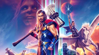 Pôster do filme Thor: Amor e Trovão com Thor, Jane Foster, Valquíria e Korg