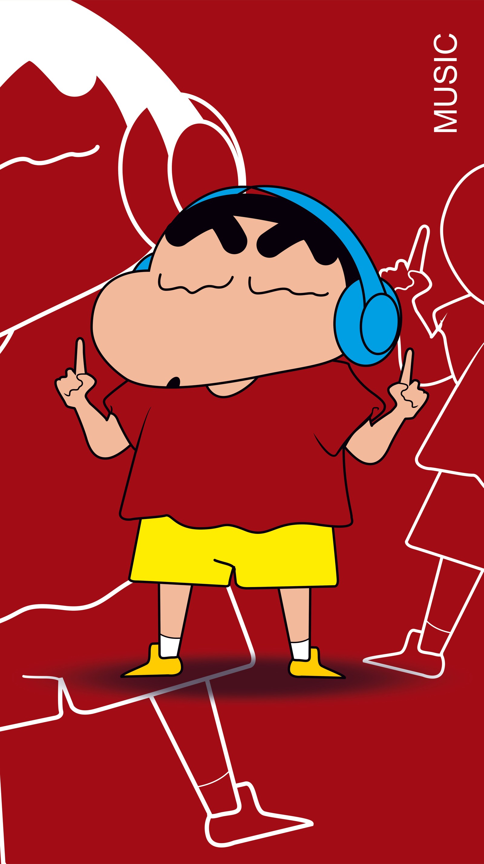 Dessin animé d'un homme avec des écouteurs et un t-shirt rouge (2d, créatif, drôle, iphone, musique)