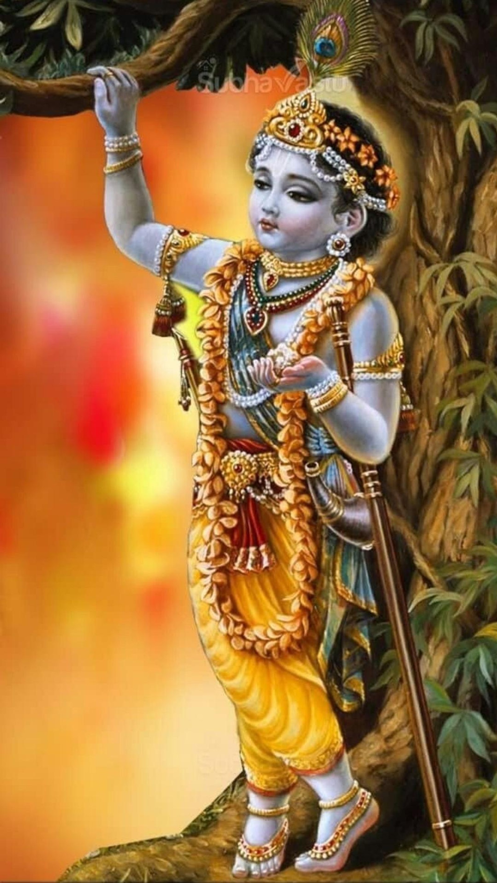 A painting of a little boy holding a stick in his hand (balgopal, god, krishan, krishna, srikrishna)