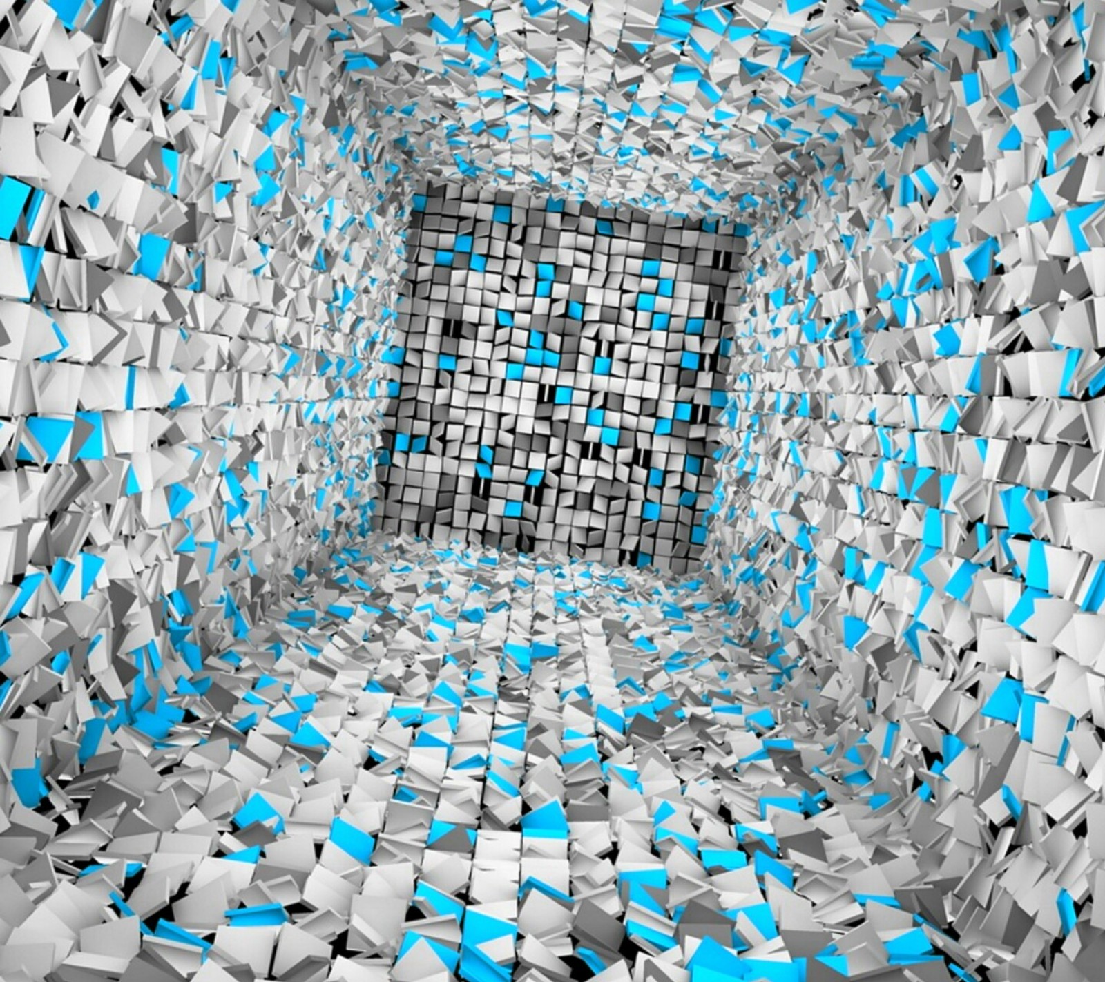 A black and white photo of a room with blue and white tiles (3d, abstract)