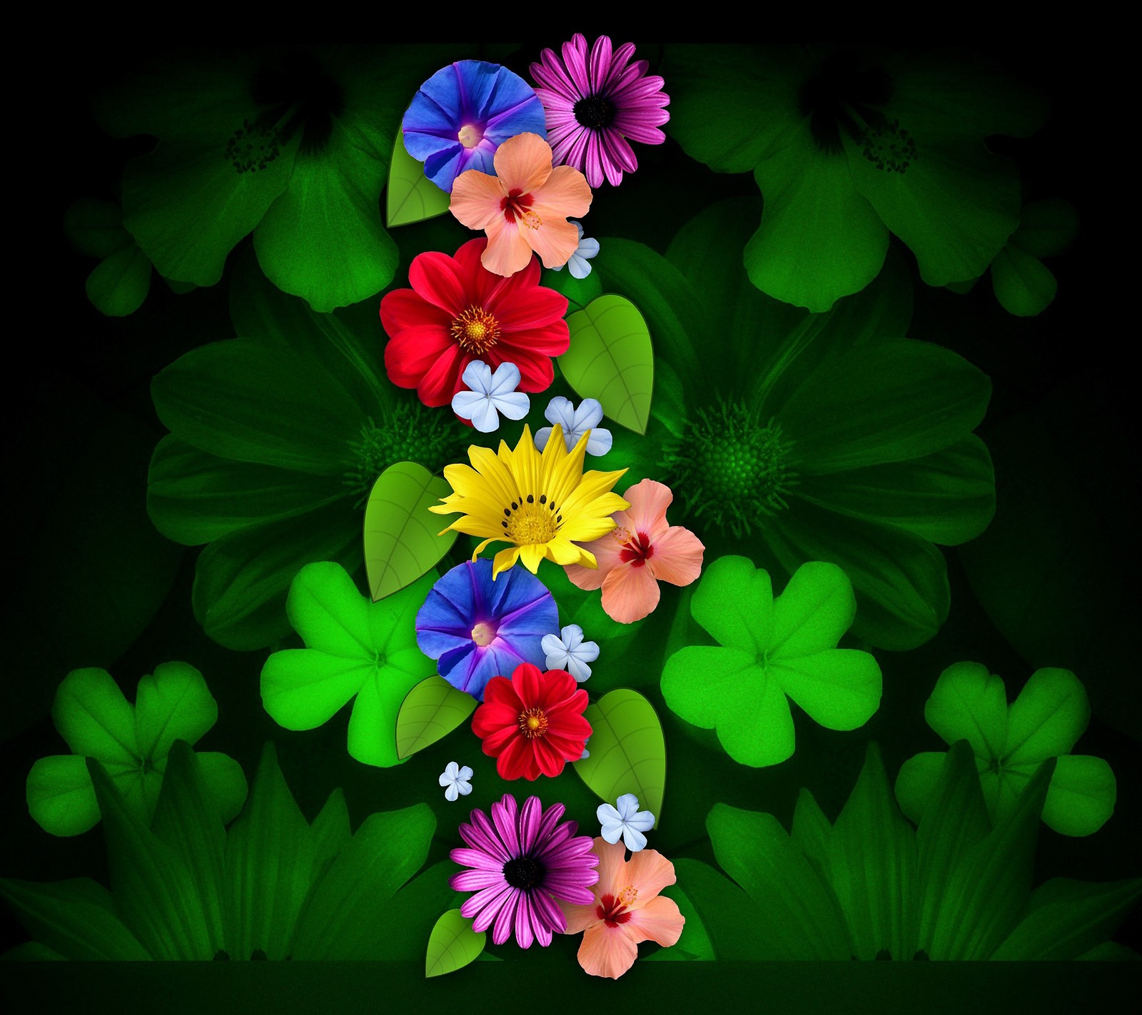 colorful, flowers, green, leaves wallpaper