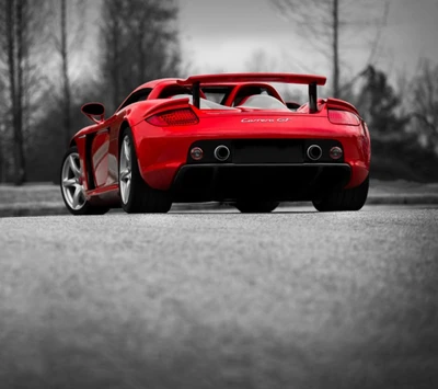 Porsche Carrera GT rouge frappant sur une route sereine