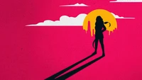 Silhouette de Kamala Khan contre un coucher de soleil rose vibrant