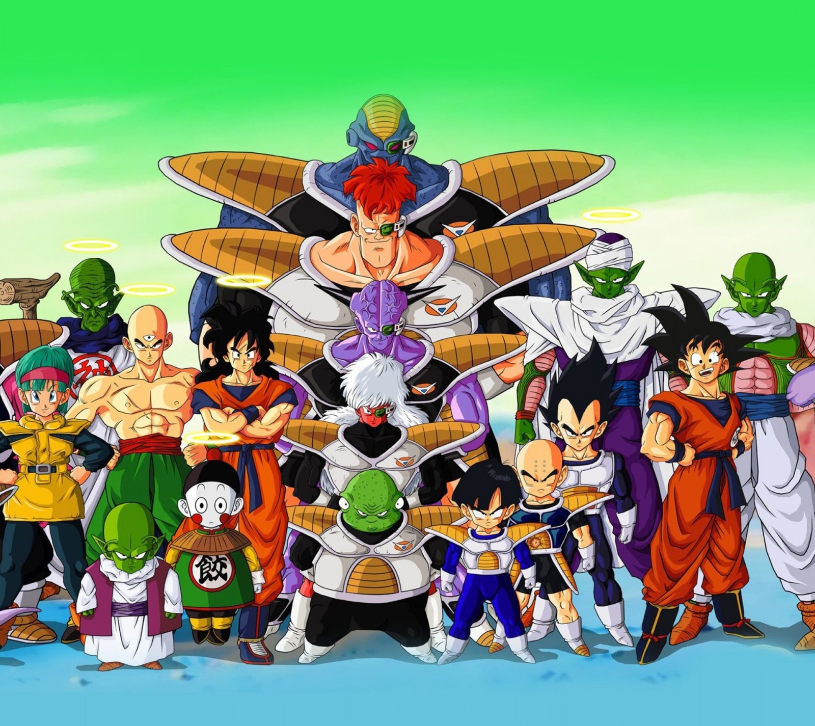 Un groupe de personnages de dessin animé se tenant ensemble devant un fond vert (anime, dragon ball z)