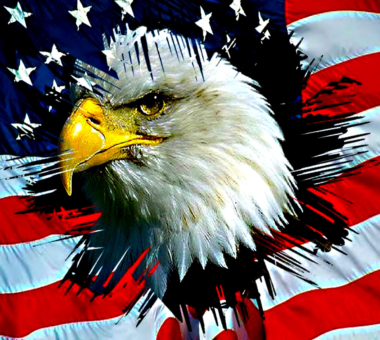 An image of a bald eagle with a flag in the background (american, eagle)