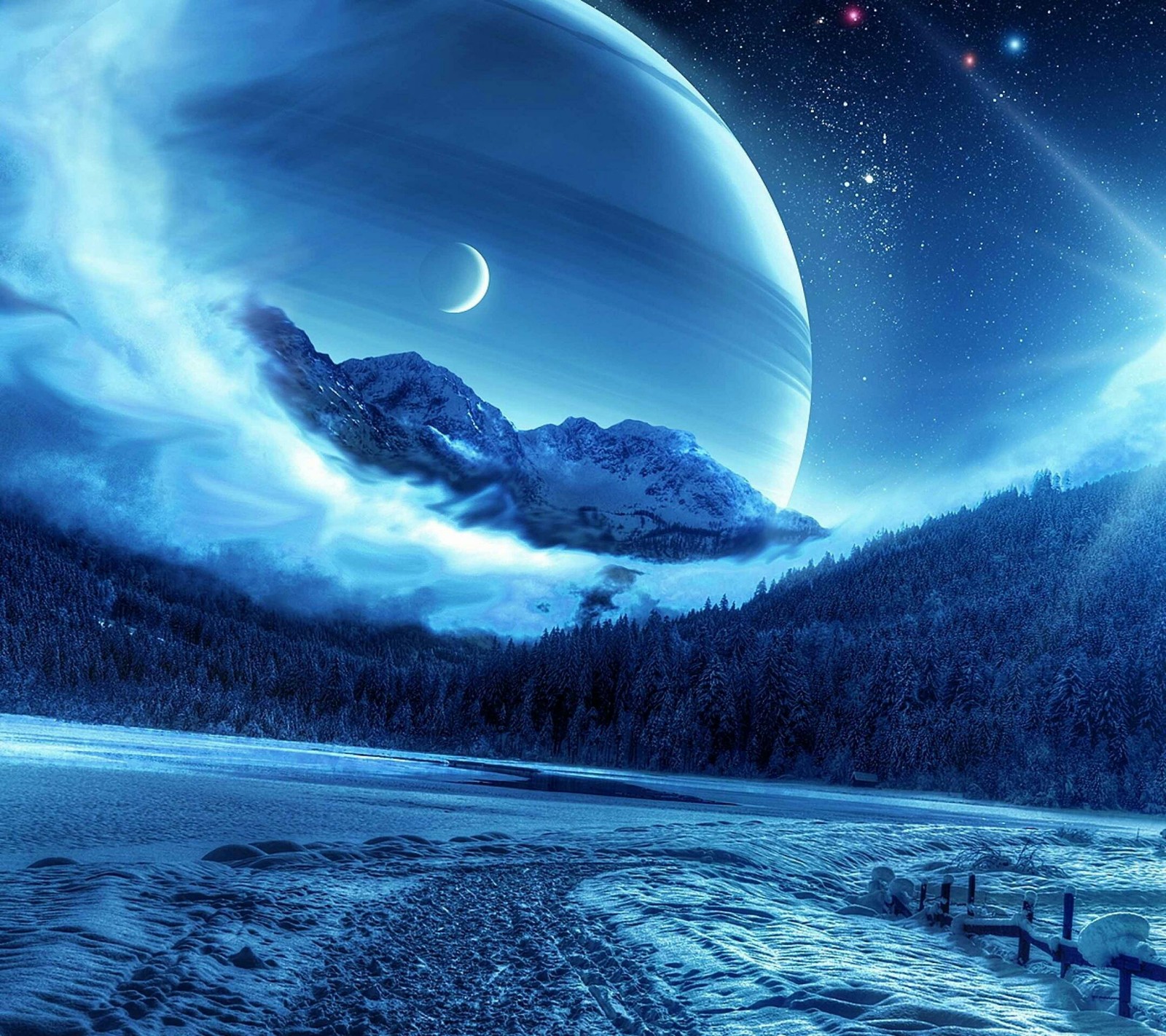 A view of a lake with a mountain and a moon in the background (blue, nature)