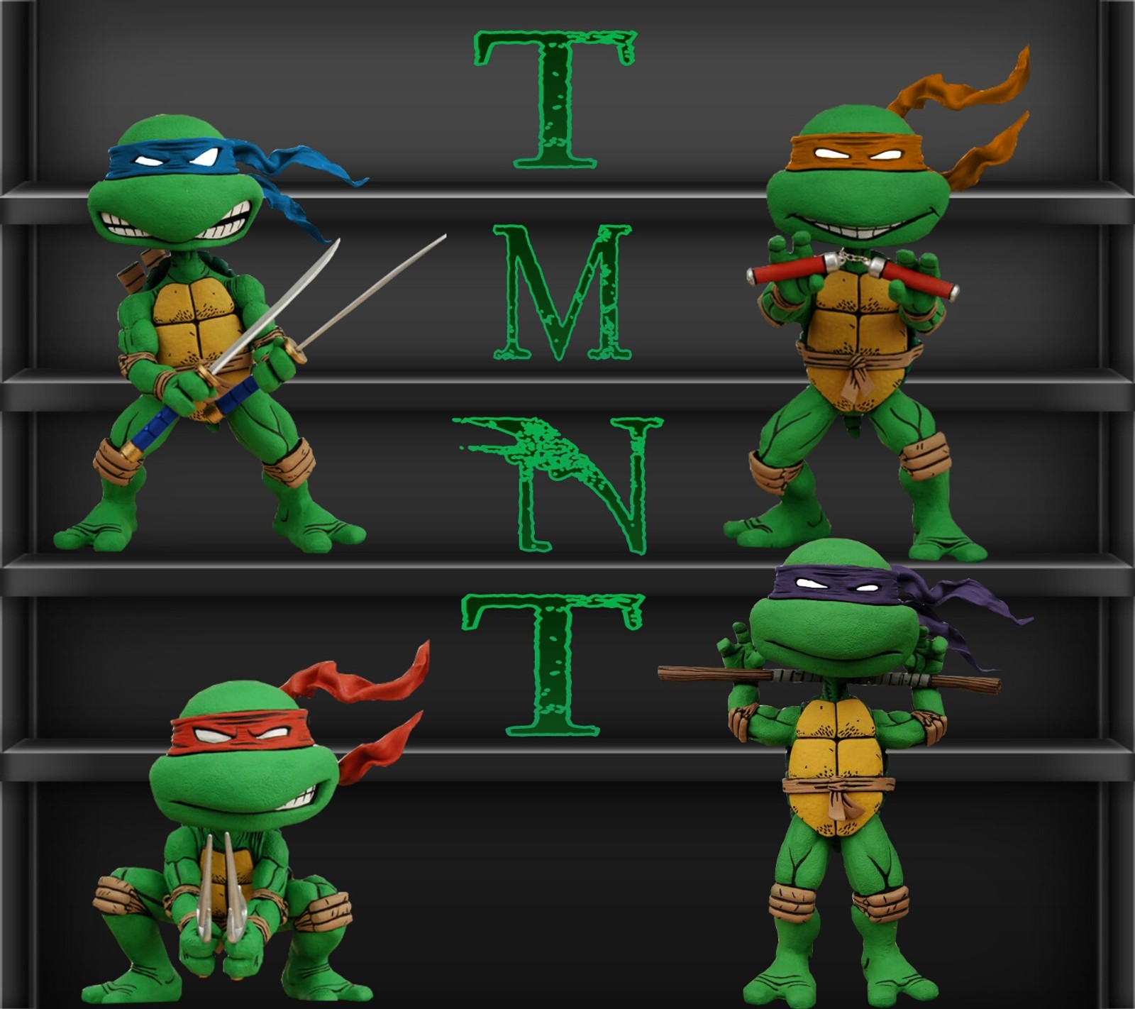 Un primer plano de un montón de diferentes juguetes en una estantería (ninja, tmnt, tortugas)