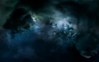 Majestic Nebula Amidst Dark Clouds in a Deep Blue Sky