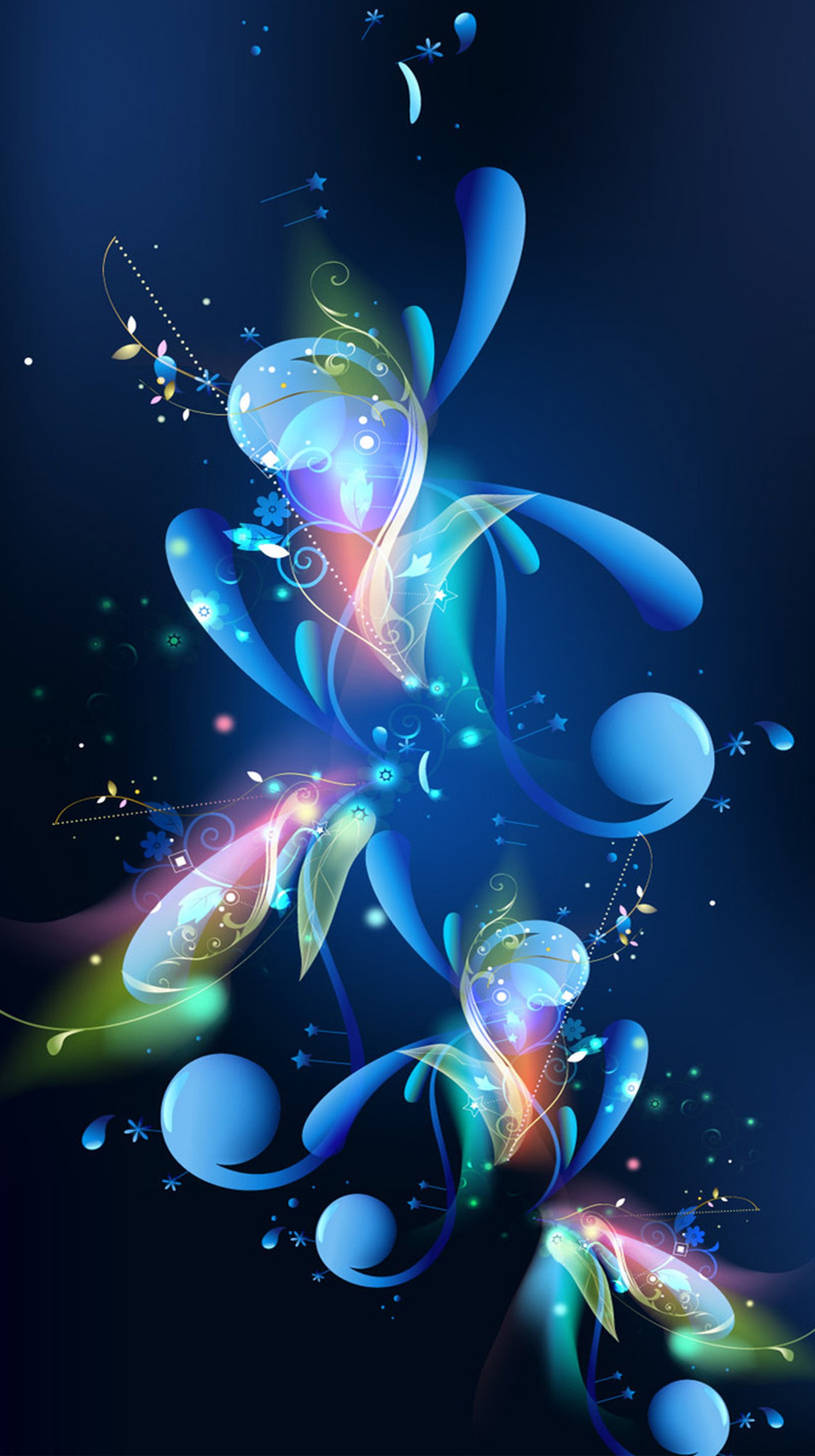 Abstract blue background with a bunch of colorful bubbles and stars (abstract, flow)