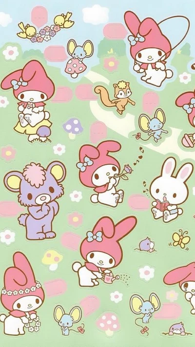 Verspielte My Melody Cartoon-Szene mit adorablen Charakteren in einer blumigen Umgebung