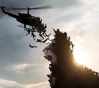 A helicopter drops figures onto a towering, monstrous figure amidst a dramatic sky, symbolizing despair and the struggle against overwhelming odds.