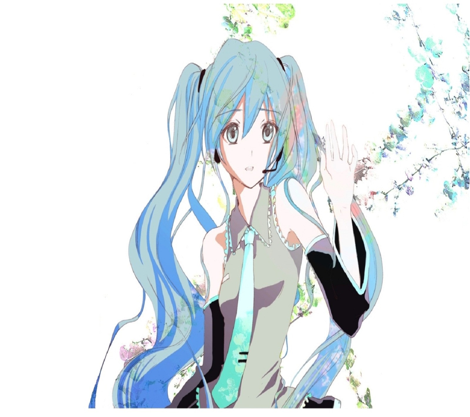 Anime girl with long blue hair and blue eyes and a green tie (anime, cartoon, girl, miku)