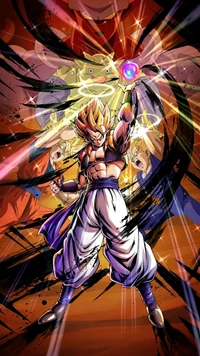 Super Saiyajin Goku, der eine Dragon Ball mit dynamischen Energieeffekten hält.