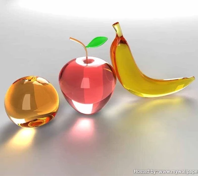 Bunte Glasfrüchte: Apfel, Banane und Orange