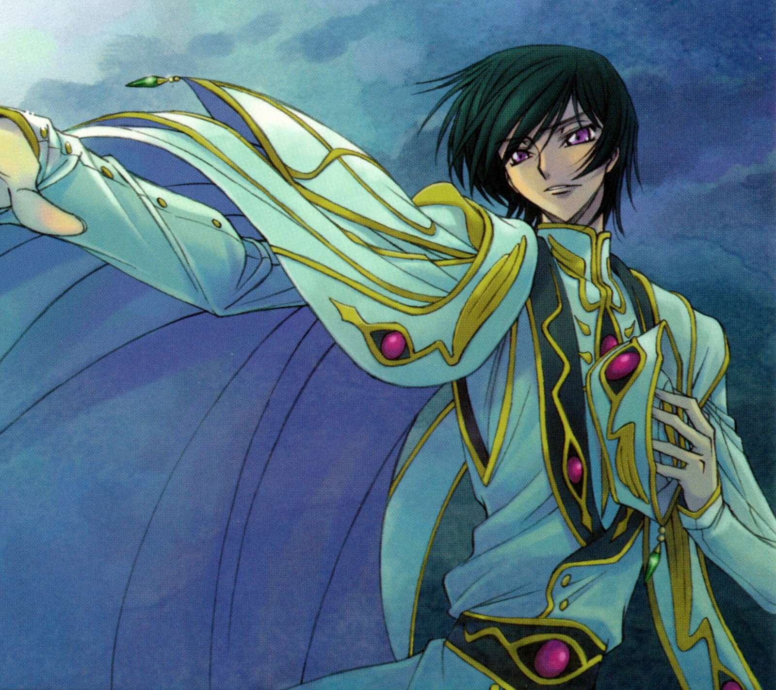 Anime character with a sword in his hand and a blue background (anime, code geass, lelouch)