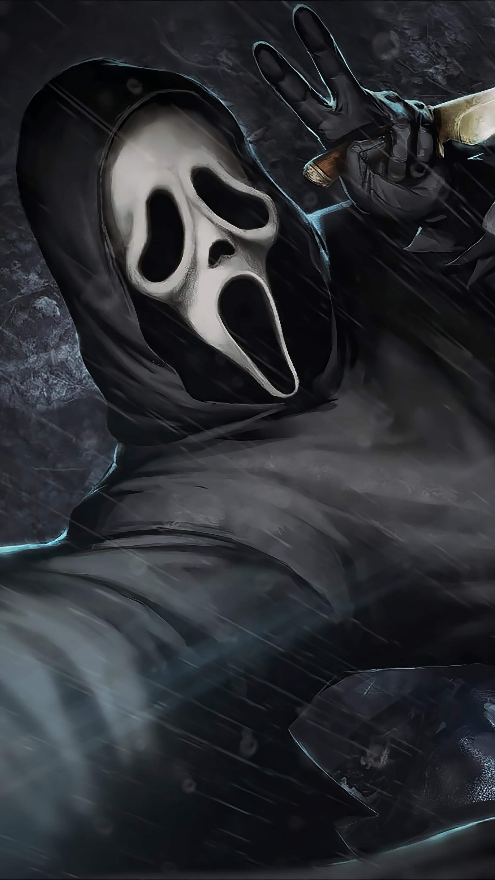 Arafed image of a person in a hood and a mask holding a knife (dbd, dead by daylight, ghostface, killer, scream)