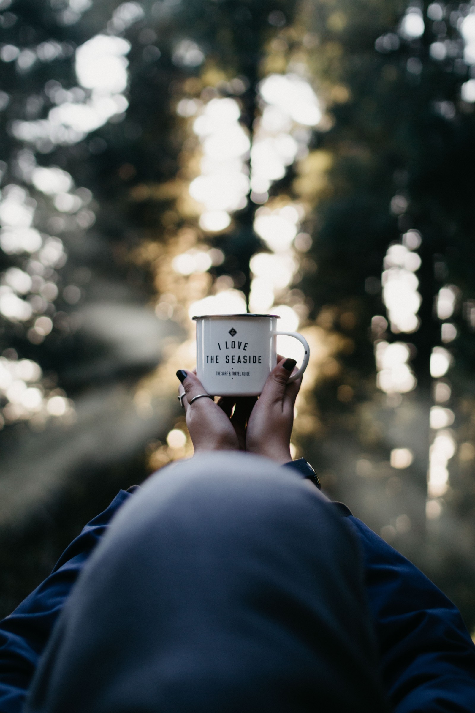 Quelqu'un tenant une tasse de café dans ses mains dans les bois (arbre, lumière, feuille, ensoleillement, plante)