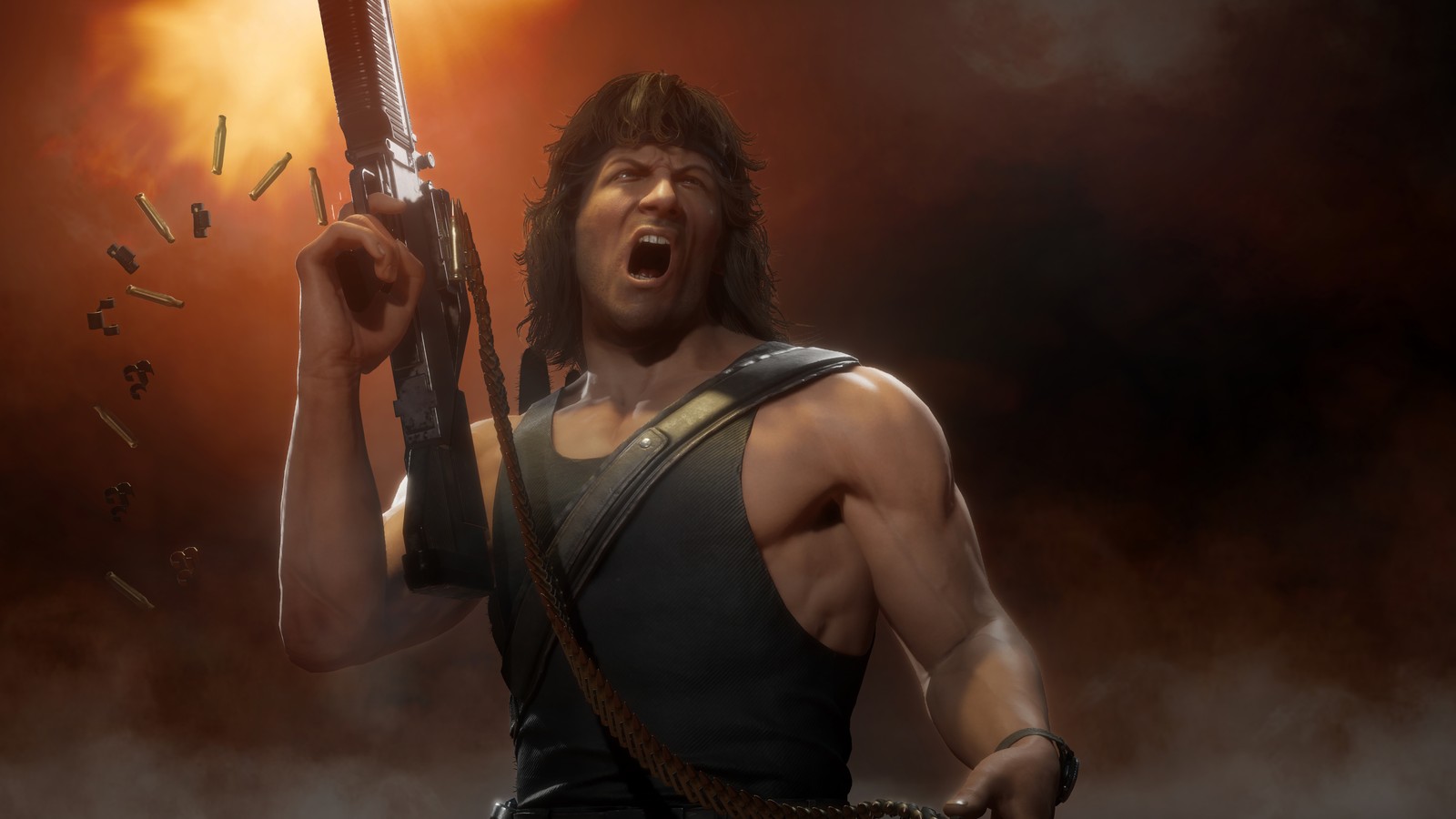 A man holding a gun in his hand with a sky background (rambo, motral, kombat, 11)