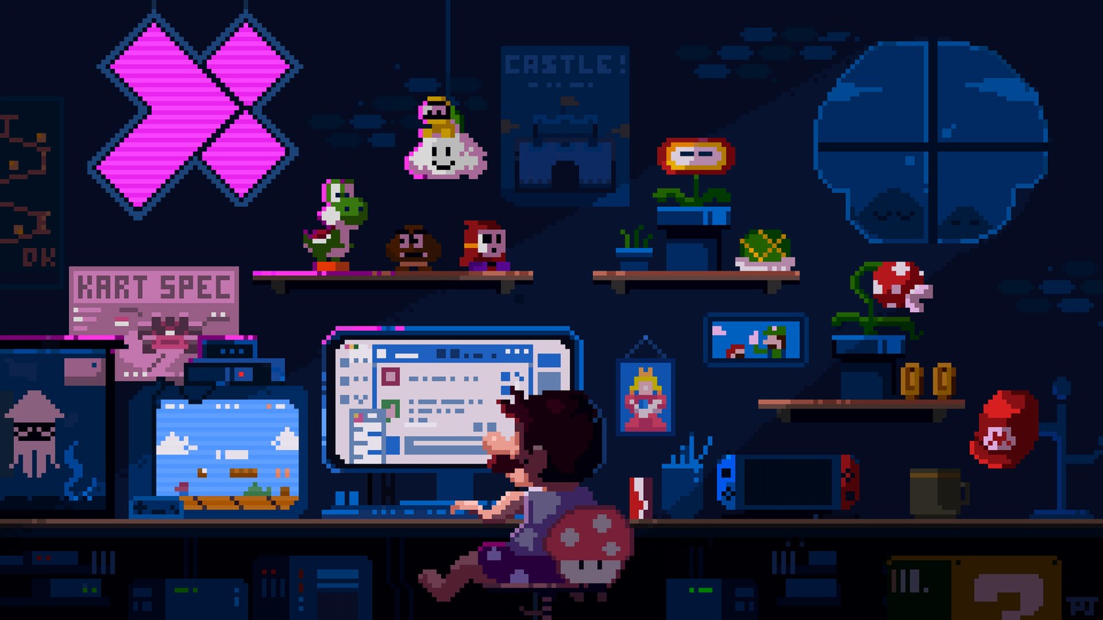 Capture d'écran d'une personne assise devant un ordinateur (mario, pixel, art, art numérique, ordinateur)