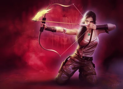 Lara Croft em ação, mirando habilmente sua flecha flamejante com uma expressão determinada, mostrando suas habilidades como guerreira em uma ilustração vibrante e dinâmica.