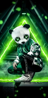 Dynamic Panda Performer in Neon Green Atmosphere