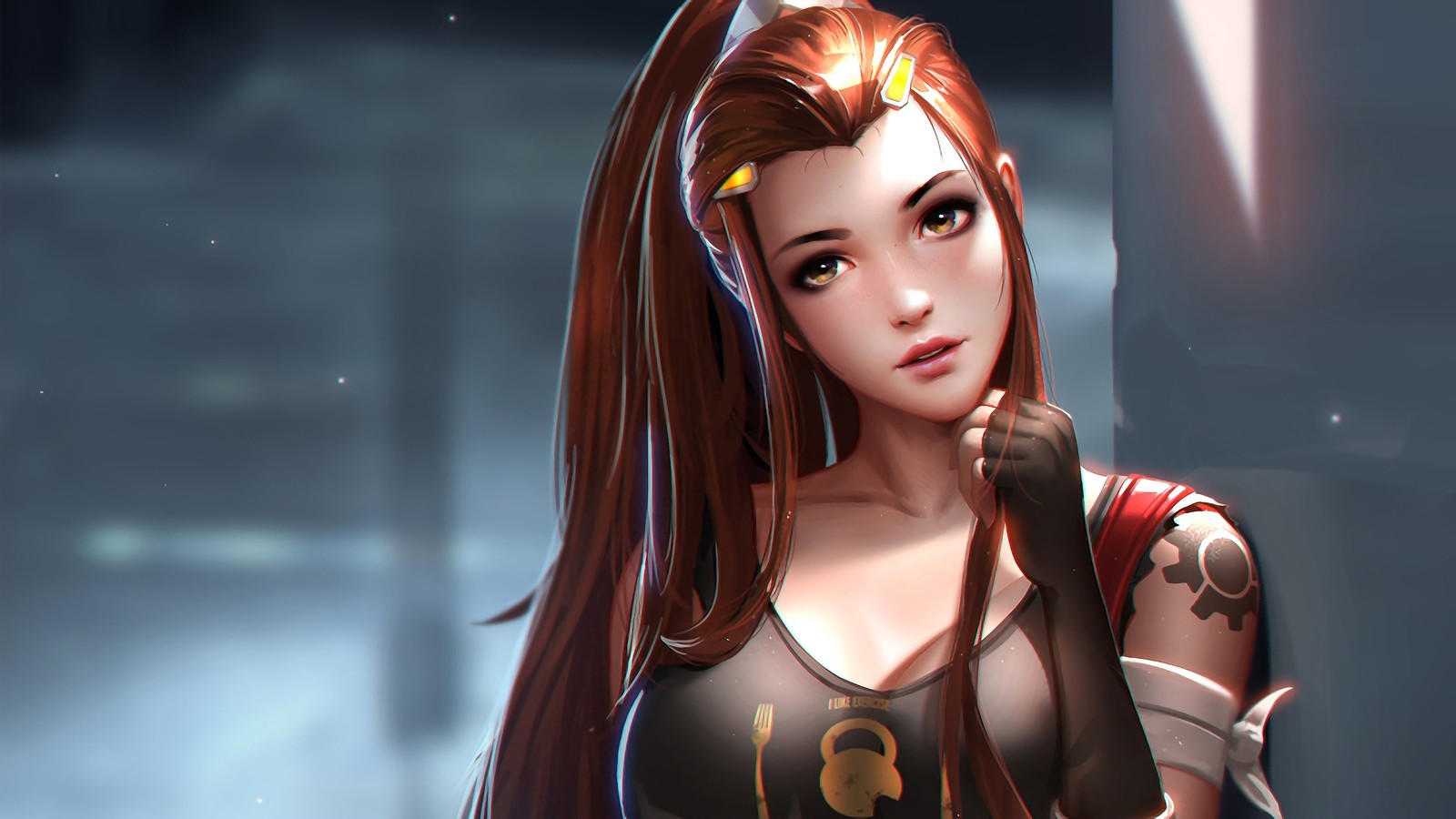 Une femme avec de longs cheveux et un tatouage sur le bras (brigitte, overwatch, jeu vidéo)