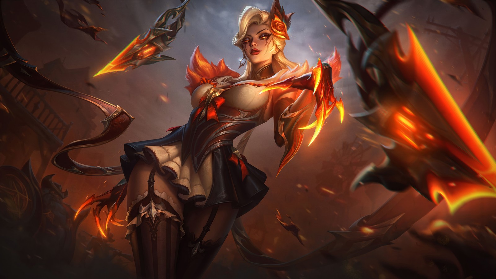 A woman in a sexy outfit with flames on her chest (high noon, evelynn, skin, league of legends, video game)