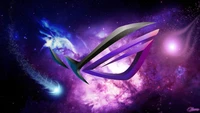 Logo de ASUS ROG contra un fondo de galaxia cósmica