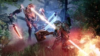 Intense battle scene from "The Surge 2," featuring a character engaged in combat with a formidable mech in a dense, atmospheric forest.