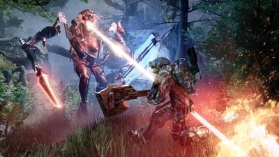 Intense battle scene from "The Surge 2," featuring a character engaged in combat with a formidable mech in a dense, atmospheric forest.