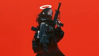 Fille d'anime avec un halo, tenant un fusil sur un fond rouge vif.