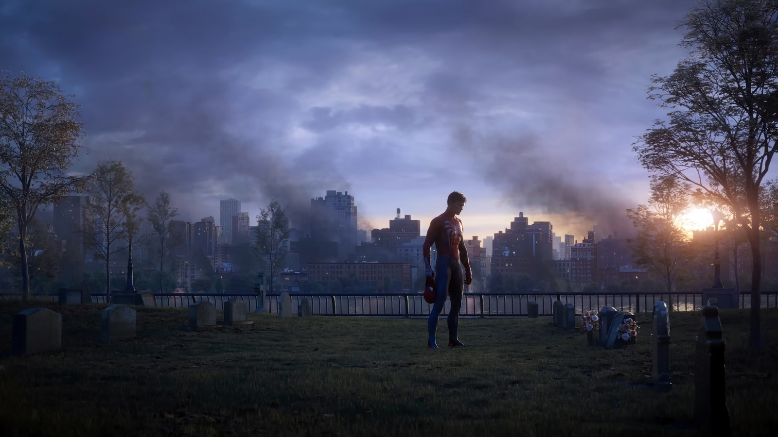 Hombre árabe de pie en un cementerio mirando el horizonte de la ciudad (marvel spider man 2, marvels spider man 2, videojuego, spiderman, marvel)